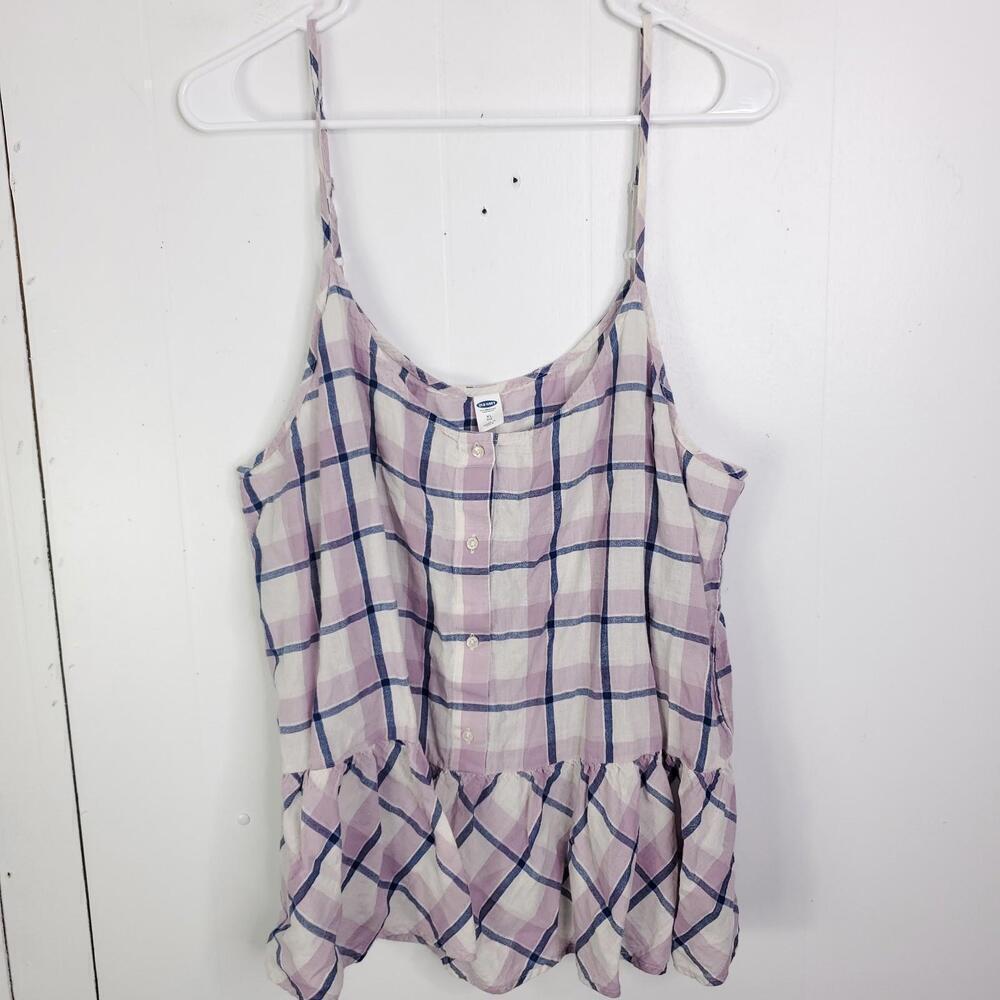 Old Navy Top Womens XL Peplum Button Front Plaid Flowy Summer Casual Purple